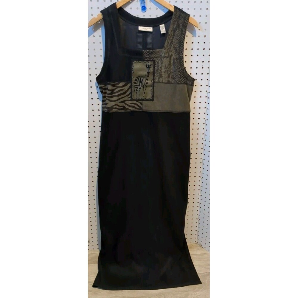 Amanda Smith Dress Medium Zebra Long Black Green Animal Print Sleeveless